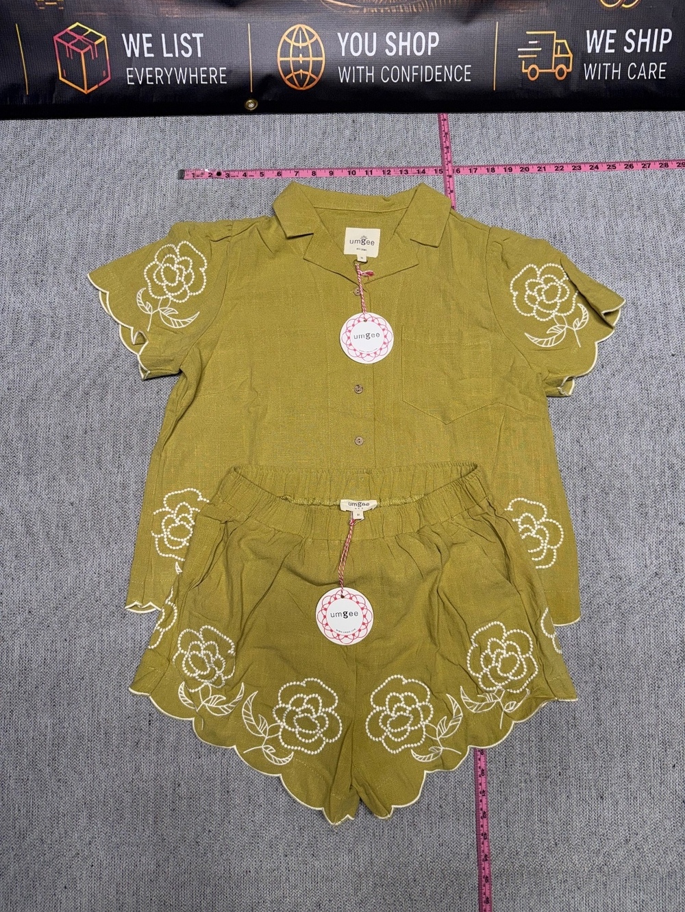 Umgee NWT Olive Green Linen Blend Embroidered TwoPiece Set M
